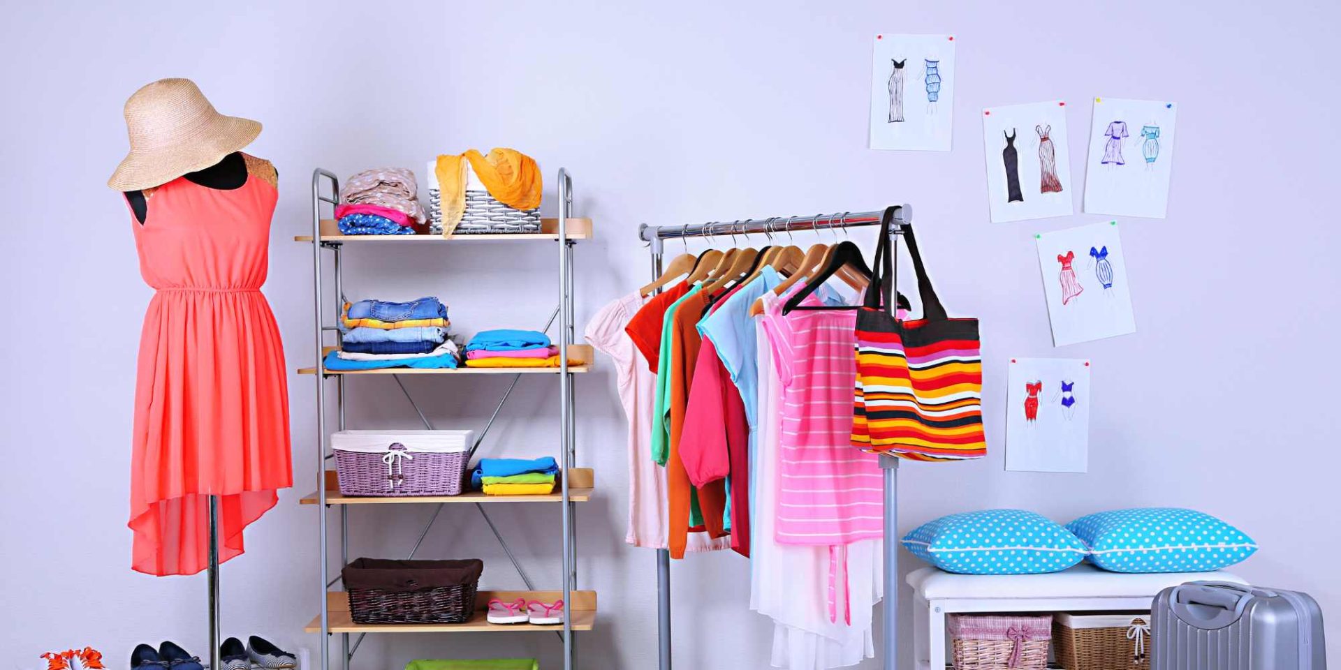woman wardrobe with clothes and bags