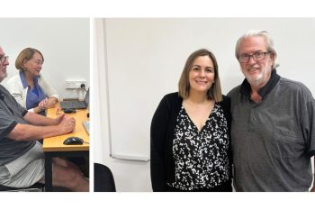 adult students and teacher smiling