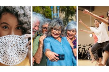 collage of 3 images with people of different age doing crochet, dancing, photos