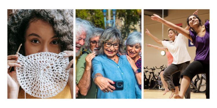 collage of 3 images with people of different age doing crochet, dancing, photos