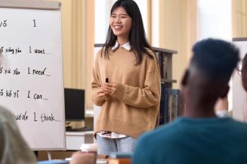 Students at class learning Indonesian