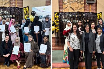 large number of people including Muslim women staying on the stage and holding graduation certificates