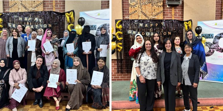 large number of people including Muslim women staying on the stage and holding graduation certificates